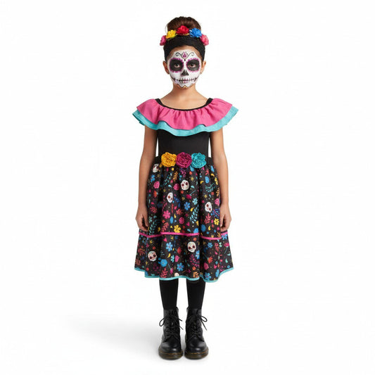 Kleurrijke Día de los Muertos-jurk met sierlijke bloemen, opvallende kraag en rijk gedetailleerde rok