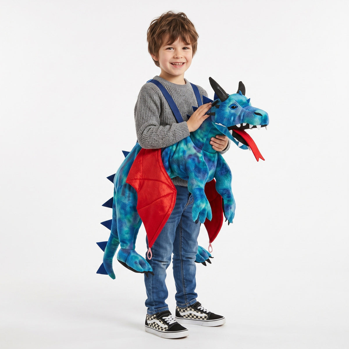 Spectaculair draken-omhangkostuum met indrukwekkende drakenkop, stoere stekels, vleugels en lange staart