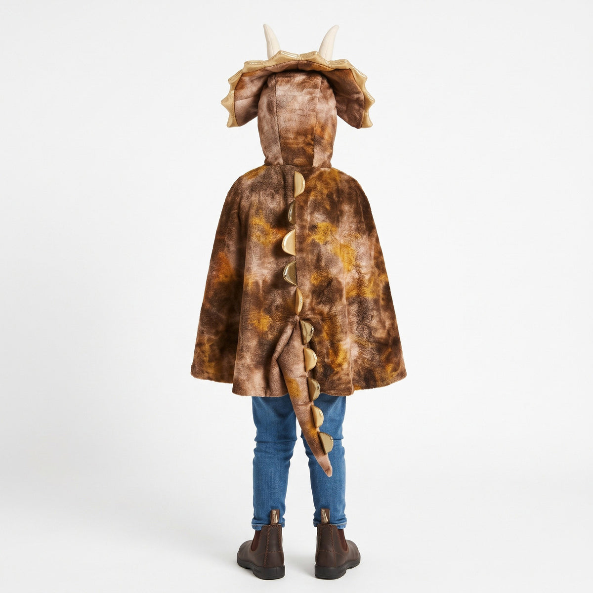 Zachte dinosauruscape met grote triceratopskop, drie hoorns, brede nekschild en tanddetails