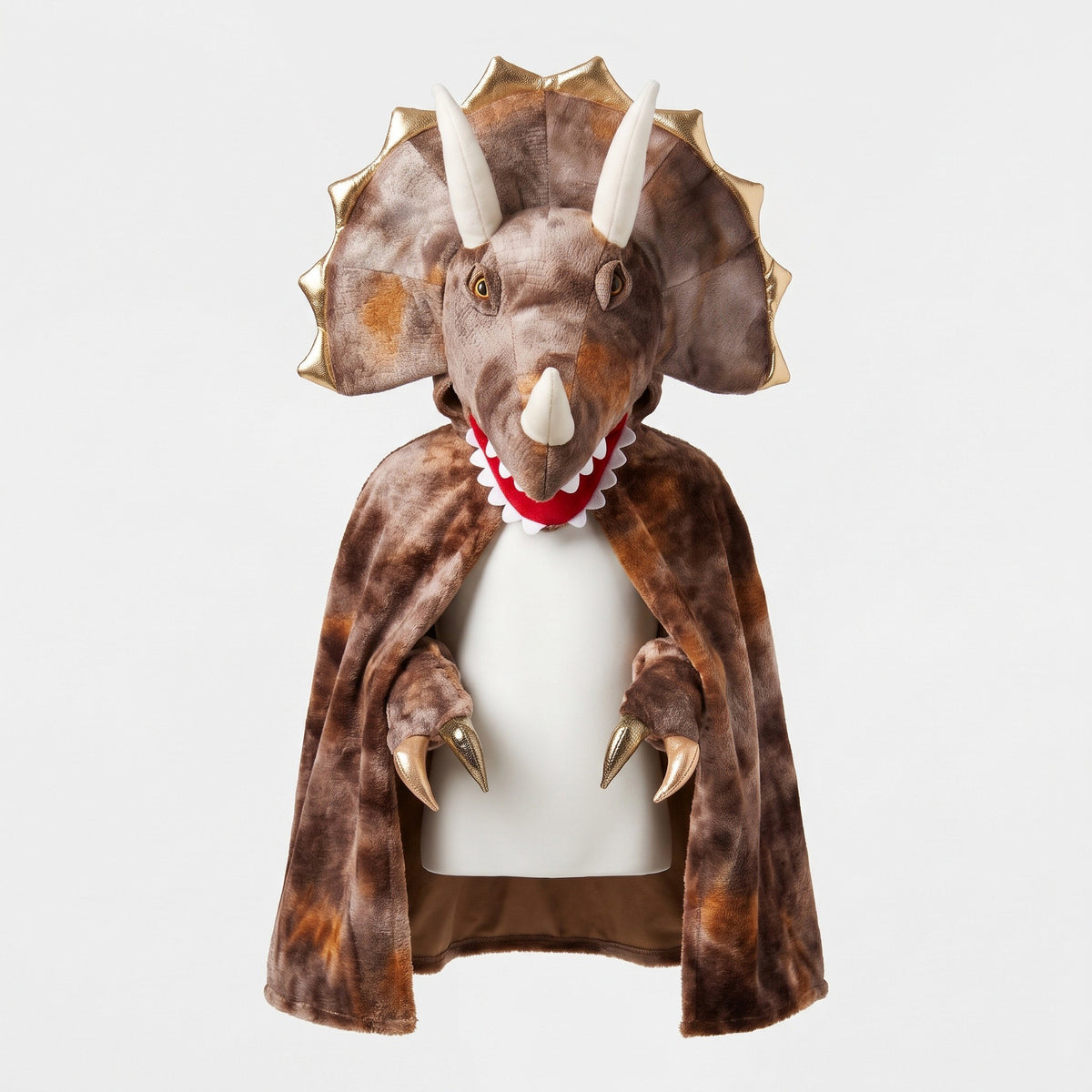 Zachte dinosauruscape met grote triceratopskop, drie hoorns, brede nekschild en tanddetails