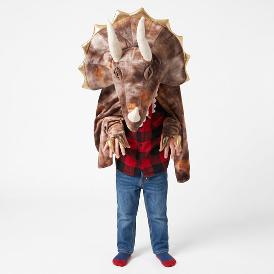 Zachte dinosauruscape met grote triceratopskop, drie hoorns, brede nekschild en tanddetails