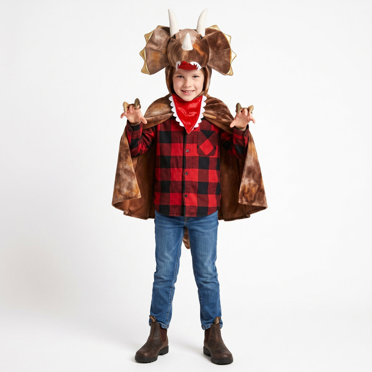 Zachte dinosauruscape met grote triceratopskop, drie hoorns, brede nekschild en tanddetails