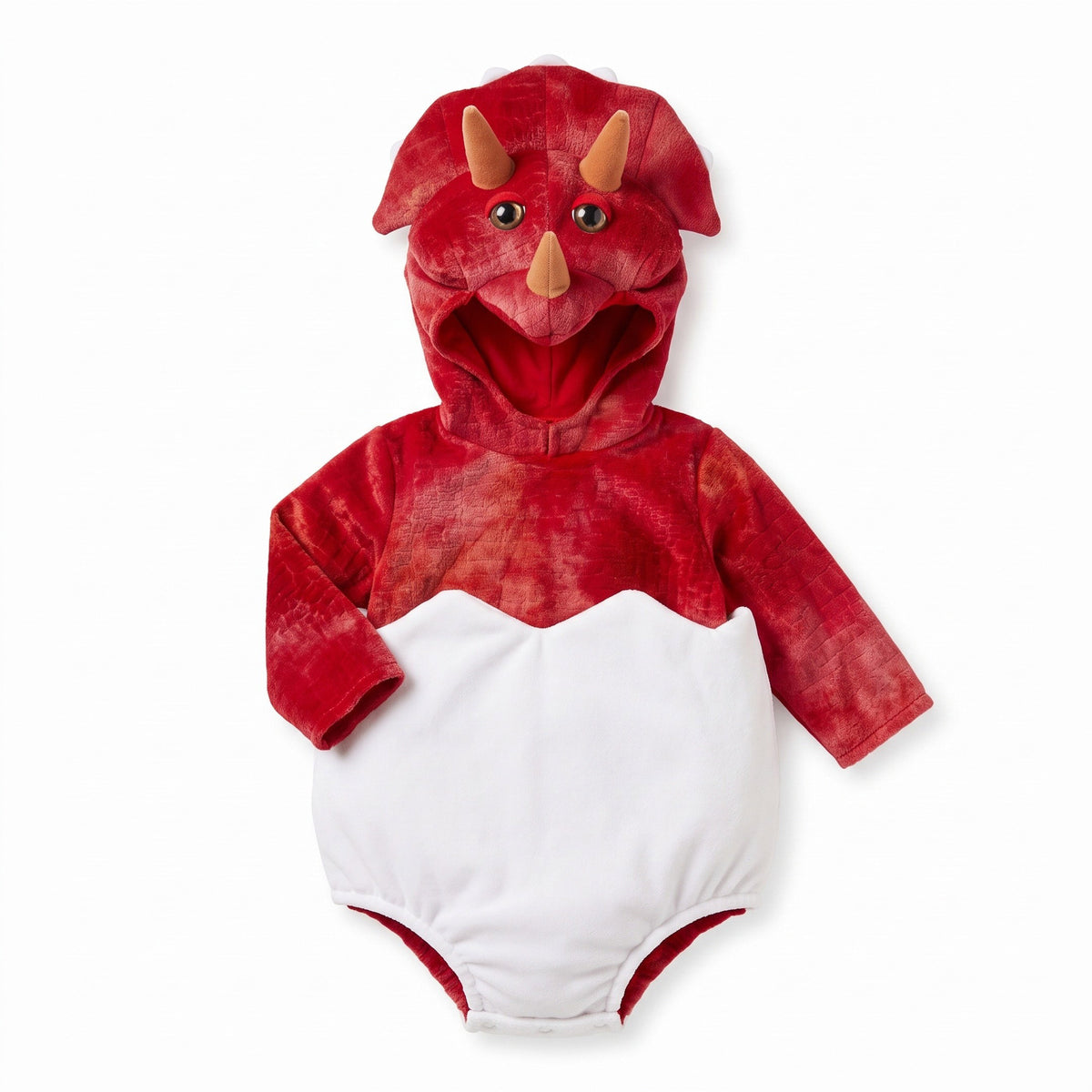 Schattig dinokostuum met zachte pluchen stof, speelse dinokop, opvallende hoorns en een comfortabel pakje