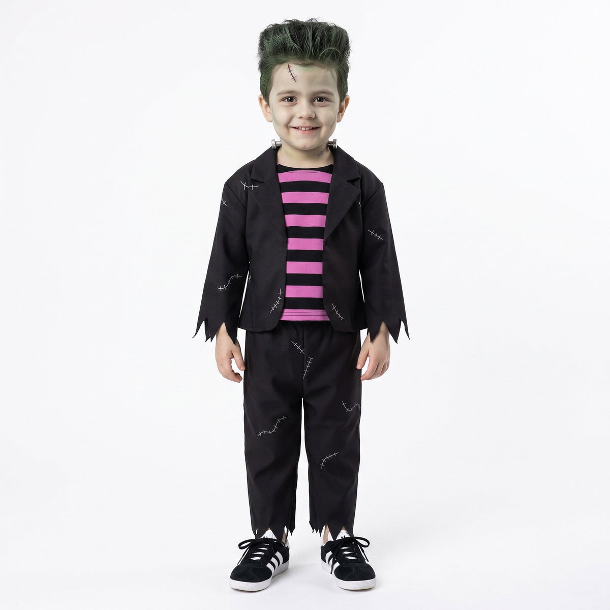 Monster- of Frankensteinkostuum met jasje, gestreept shirt en gescheurde broek