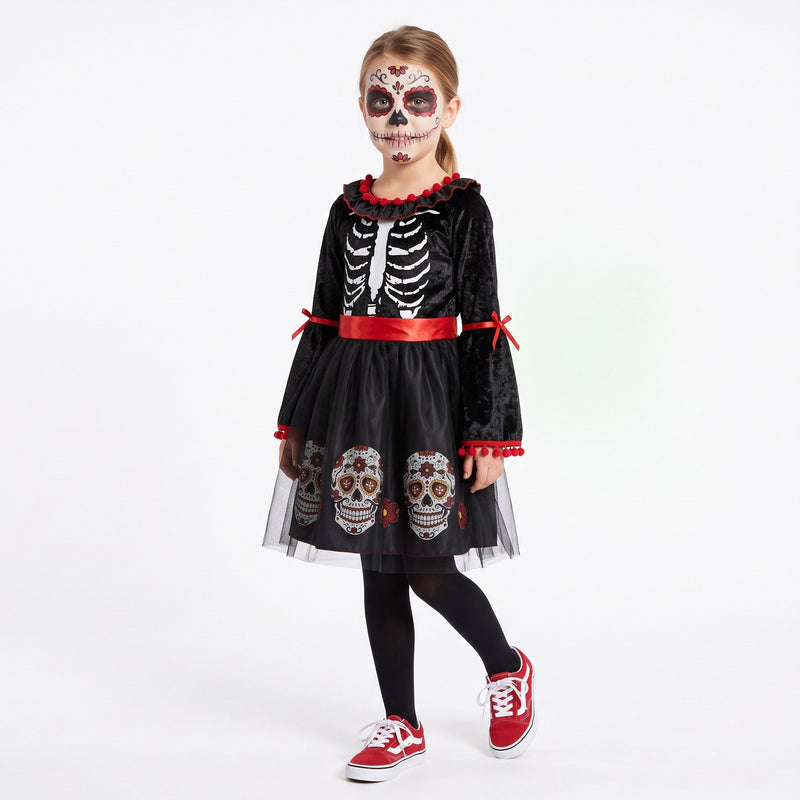Skeletjurk met skeletprint, tule rok en rijk versierde calavera-details in de stijl van Día de los Muertos