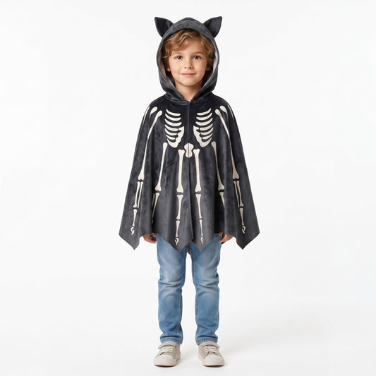 Cape met kap en fijn oren in fluweel met print van een vleermuisskelet
