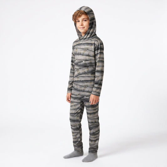 Mummiekostuum met wikkelprint en bijpassende kap voor een complete mummielook
