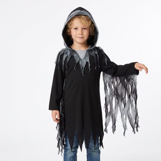 Griezelkostuum met rafelige zoom, gescheurde stofdetails en lange, wijde mouwen voor een mysterieuze spookachtige look