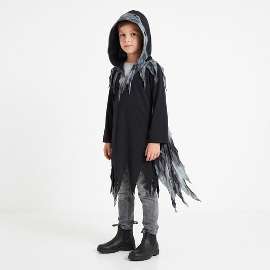 Griezelkostuum met rafelige zoom, gescheurde stofdetails en lange, wijde mouwen voor een mysterieuze spookachtige look