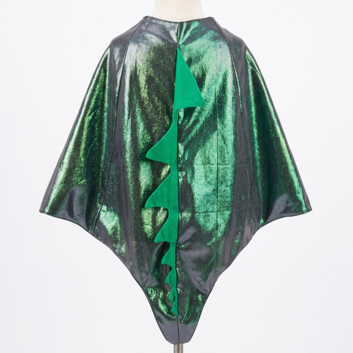 Vuurspuwende drakenoutfit met masker, glanzende cape, puntige drakenrug en staart