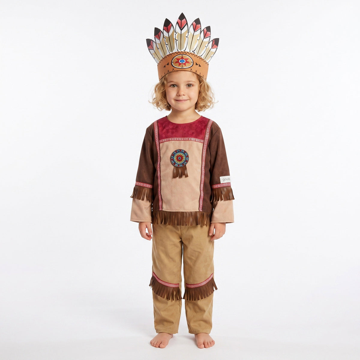 Indianenkostuum met traditionele print, franjes en verentooi