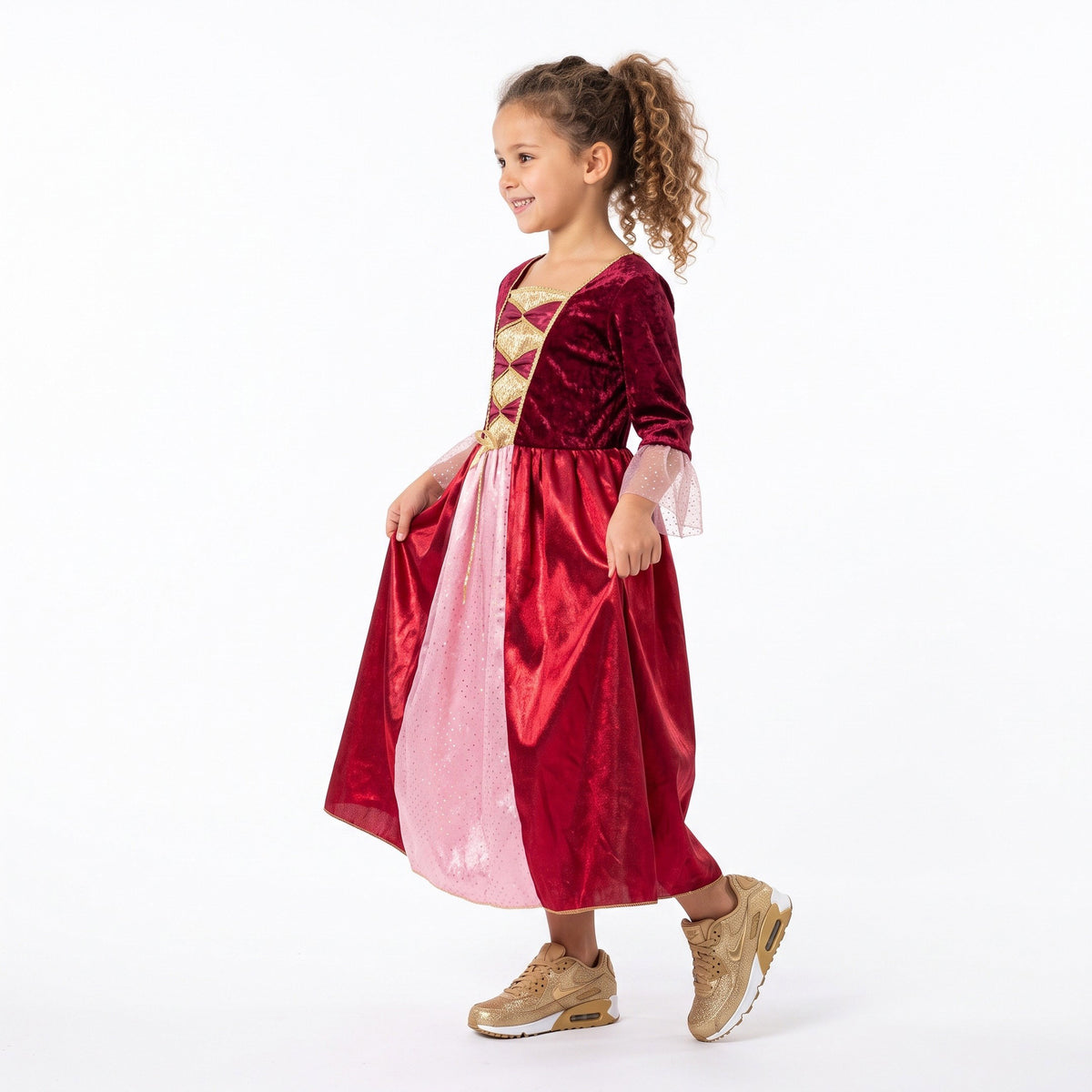 Elegante jonkvrouwenjurk met fluwelen lijfje, sierlijke veterdetails, wijde tule manchetten en een lange rok met subtiele glinstering