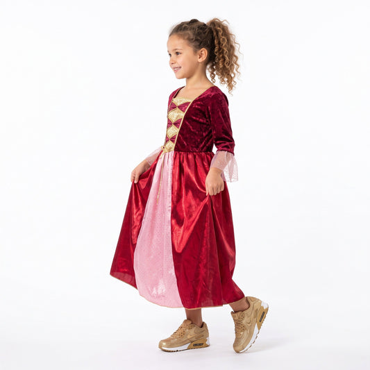 Elegante jonkvrouwenjurk met fluwelen lijfje, sierlijke veterdetails, wijde tule manchetten en een lange rok met subtiele glinstering