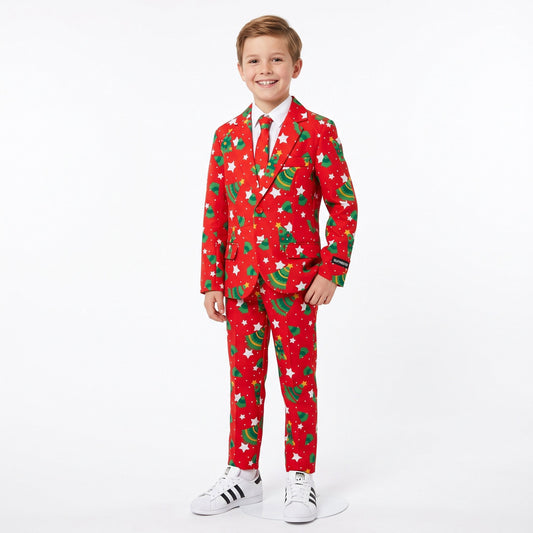 Feestelijk kerstkostuum met hemd, afgewerkt met een speelse kerstbomen- en sterrenprint