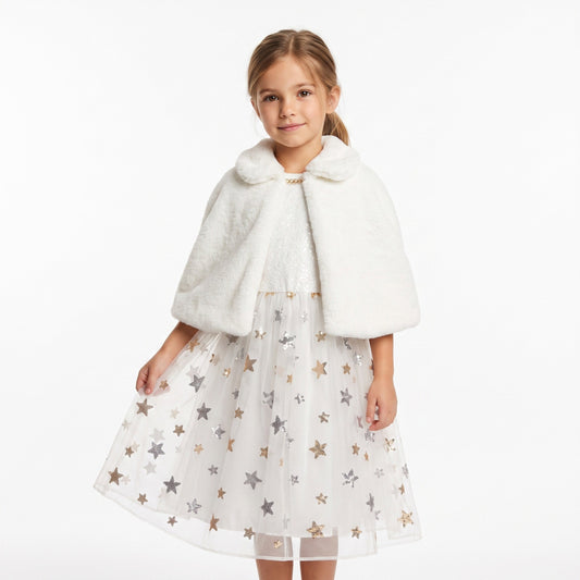 Koninklijke jurk met zachte cape, sierlijk lijfje en lange, volle tule rok versierd met glinsterende sterren