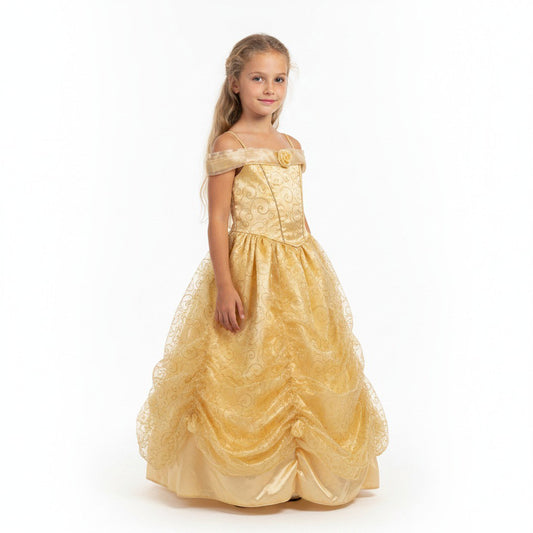 Prinsessenjurk met off-shoulder halslijn, roosdetail op het lijfje en een volumineuze, gelaagde rok.