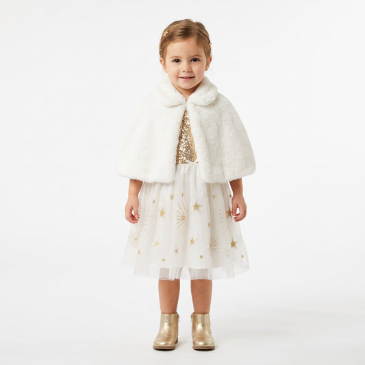 Elegante koninginnenjurk met sprankelend lijfje, luchtige sterrenrok en zachte cape voor een betoverende, koninklijke uitstraling