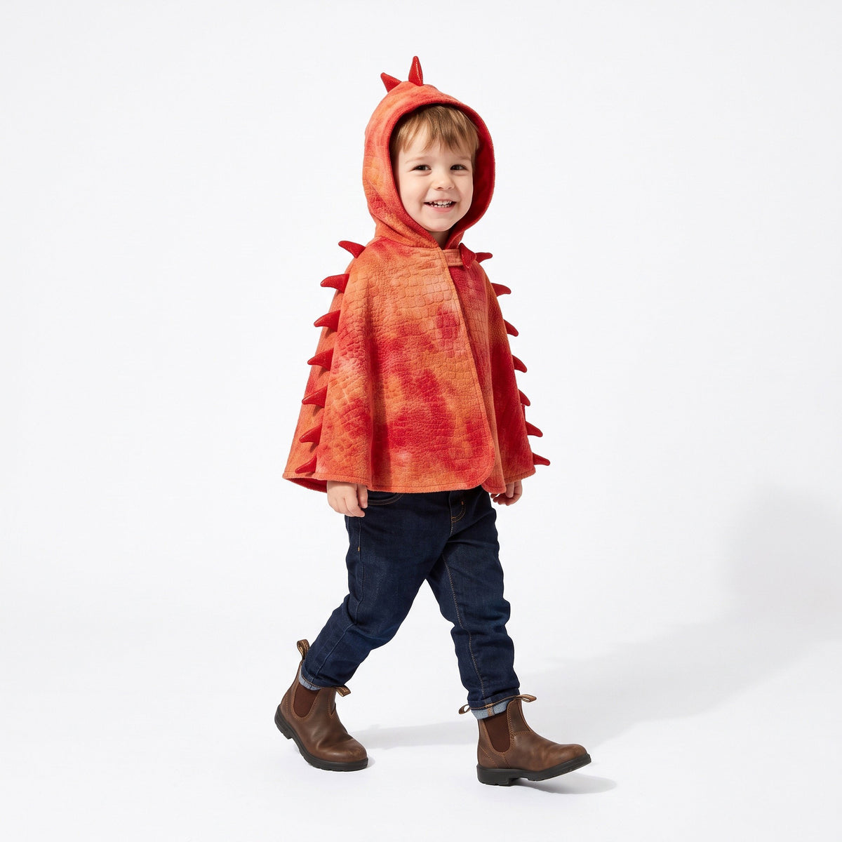 Drakencape met kap, stekels langs de rug, vleugeltjes aan de zijkant en een lange staart met puntige uiteinden