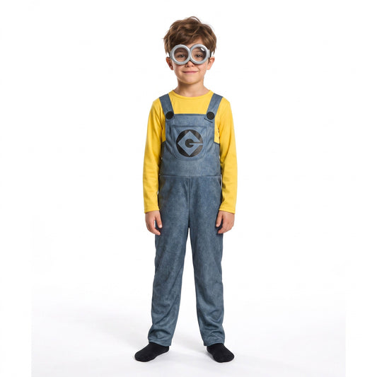 Minion-kostuum met tuinbroek, lange mouwen en ronde bril