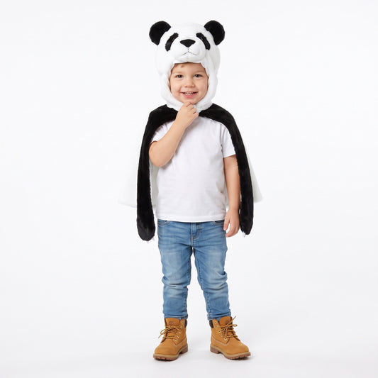 Pandacape met grote pandakop als kap, ronde oren en lange pootdetails aan de voorzijde
