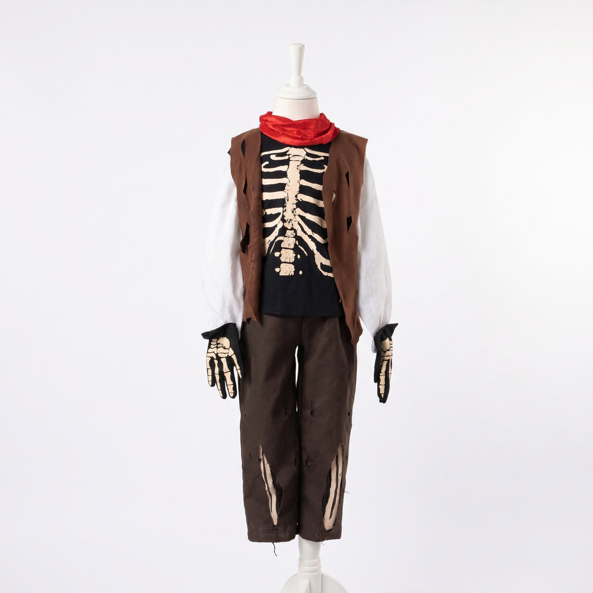 Piratenkostuum met skeletshirt, vest, sjaal en handschoenen met bottenprint