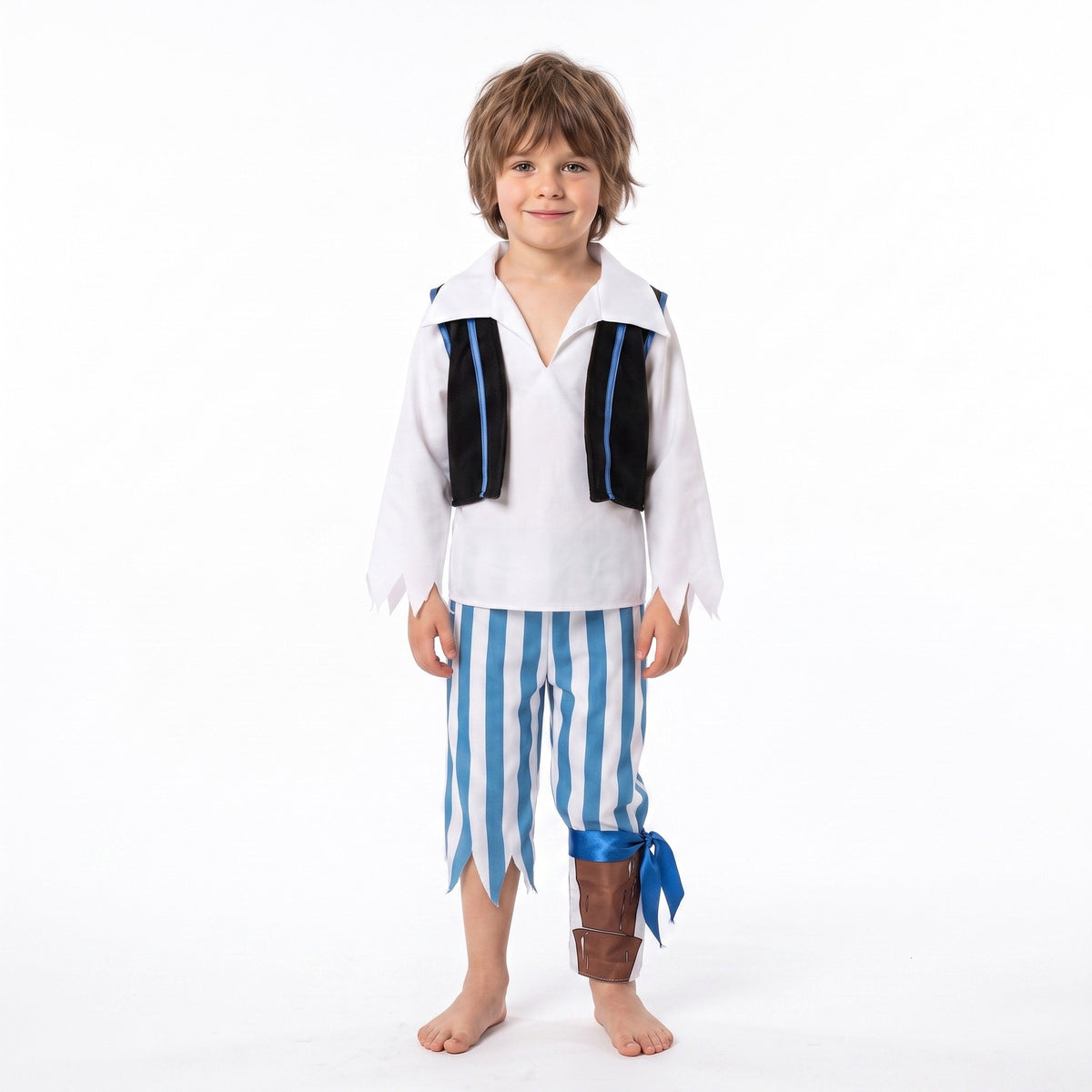Klassiek piratenkostuum met hemd, gestreepte broek, houten been en gilet