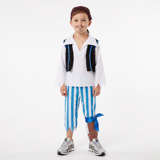 Klassiek piratenkostuum met hemd, gestreepte broek, houten been en gilet