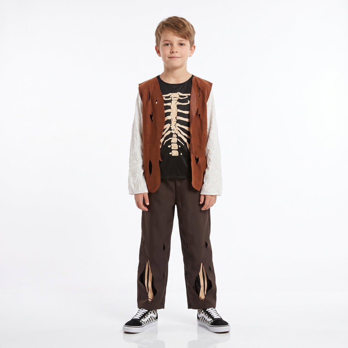 Stoer piratenkostuum met skeletprint, gescheurde broek en roestkleurig piratenvest voor kleine avonturiers die de zeven zeeën willen veroveren