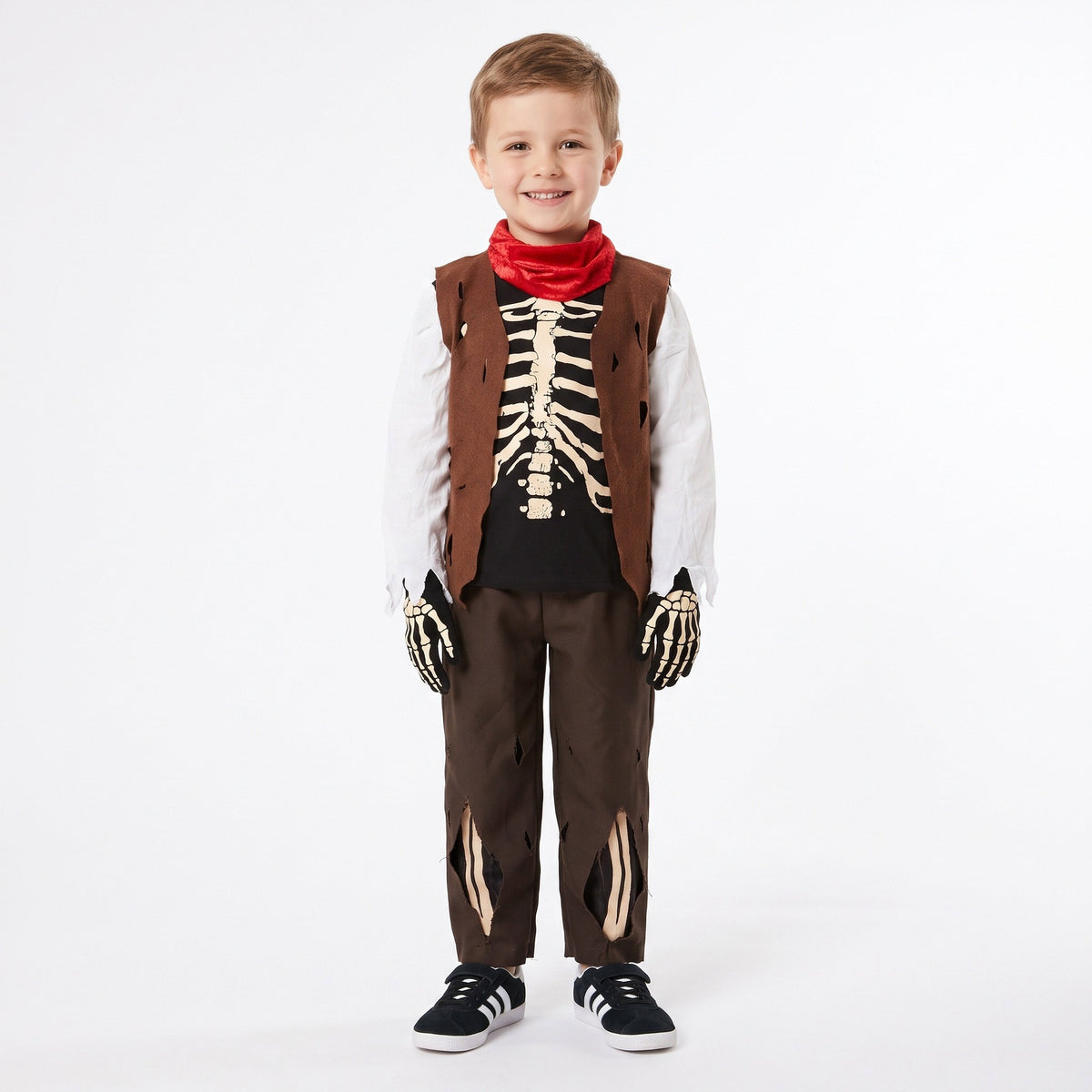 Piratenkostuum met skeletshirt, vest, sjaal en handschoenen met bottenprint