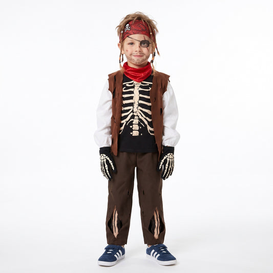 Piratenkostuum met skeletshirt, vest, sjaal en handschoenen met bottenprint