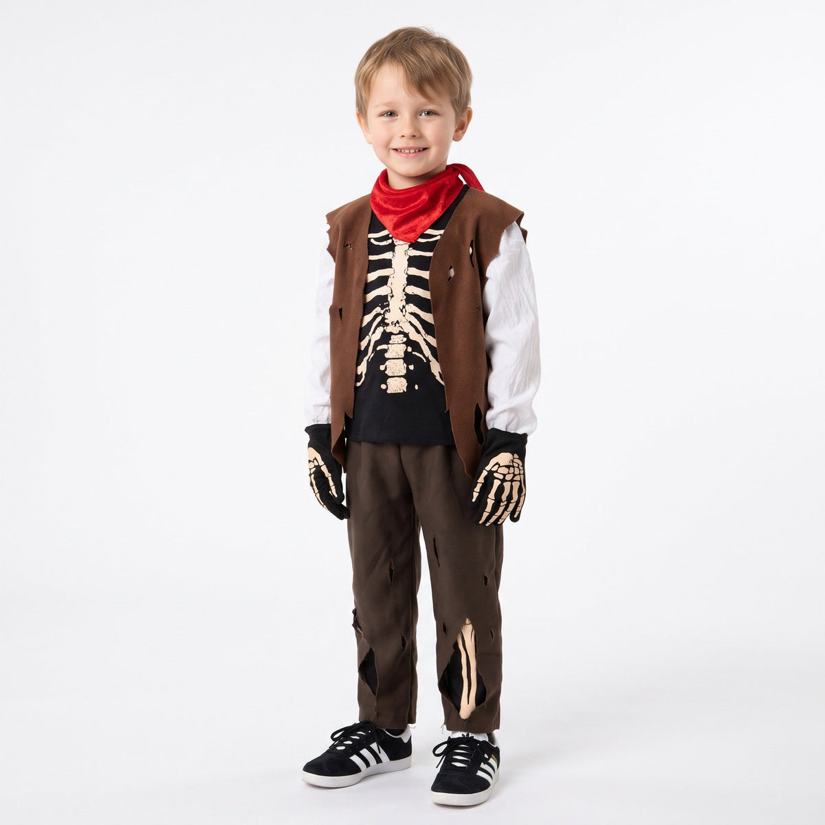 Piratenkostuum met skeletshirt, vest, sjaal en handschoenen met bottenprint
