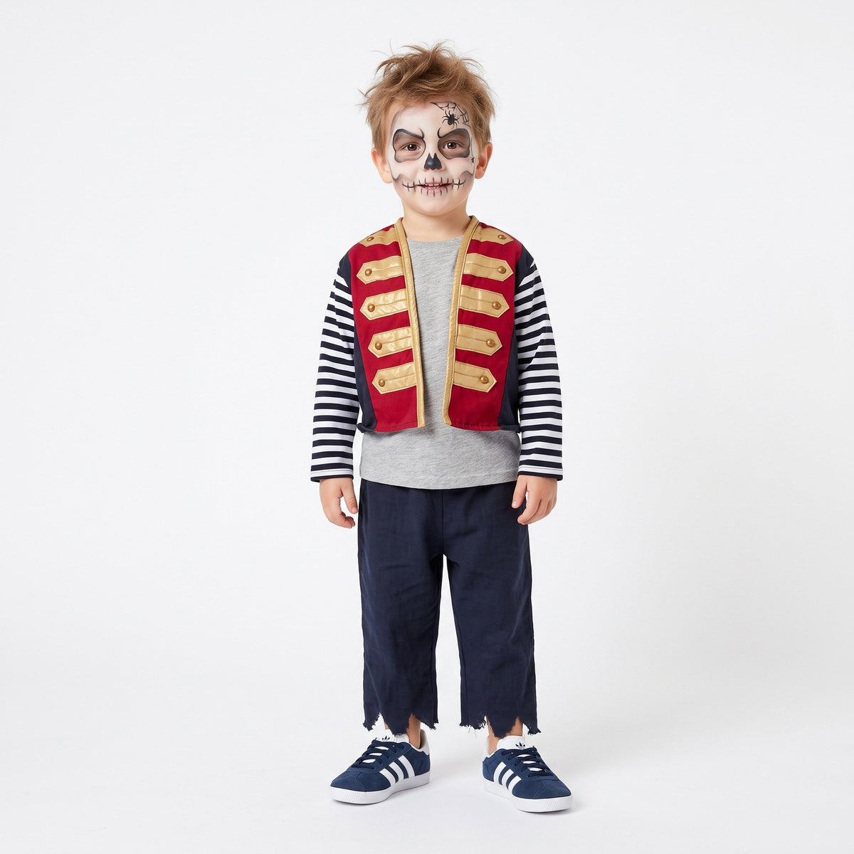 Piratenkostuum met vest, gestreept shirt, gescheurde broek en papegaai op de schouder met velcro