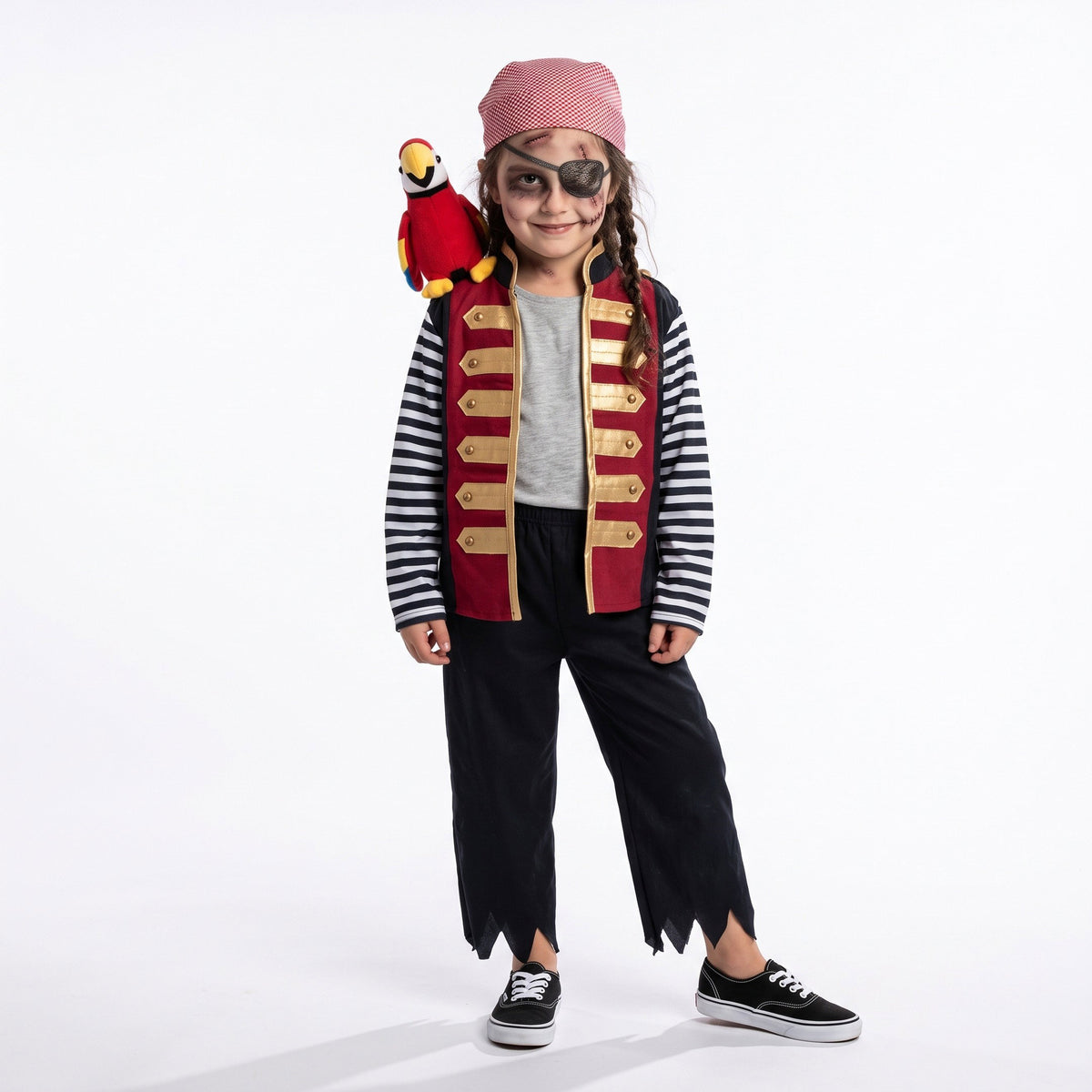Piratenkostuum met vest, gescheurde broek en papegaai op de schouder met velcro