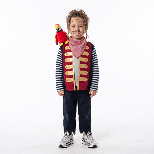 Piratenkostuum met vest, gescheurde broek en papegaai op de schouder met velcro