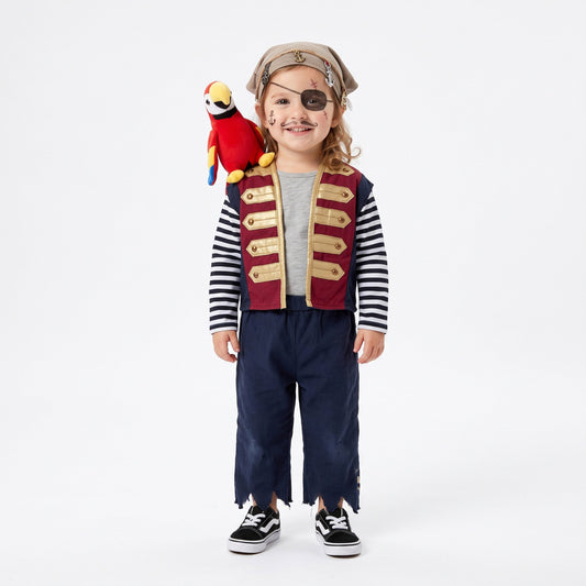 Piratenkostuum met vest, gestreept shirt, gescheurde broek en papegaai op de schouder met velcro