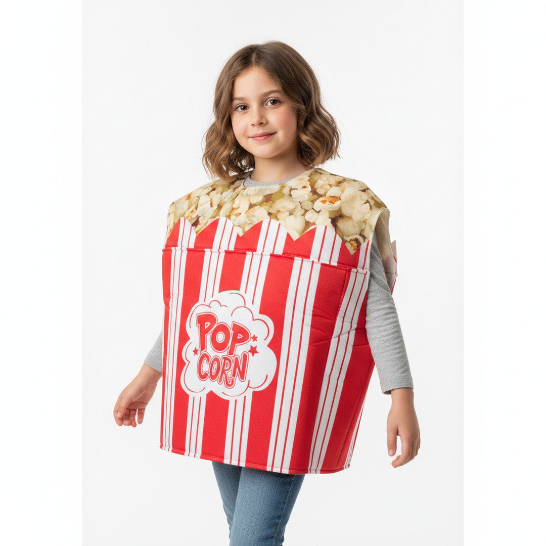 Popcornkostuum met gestreepte verpakking en "Pop Corn"-opdruk