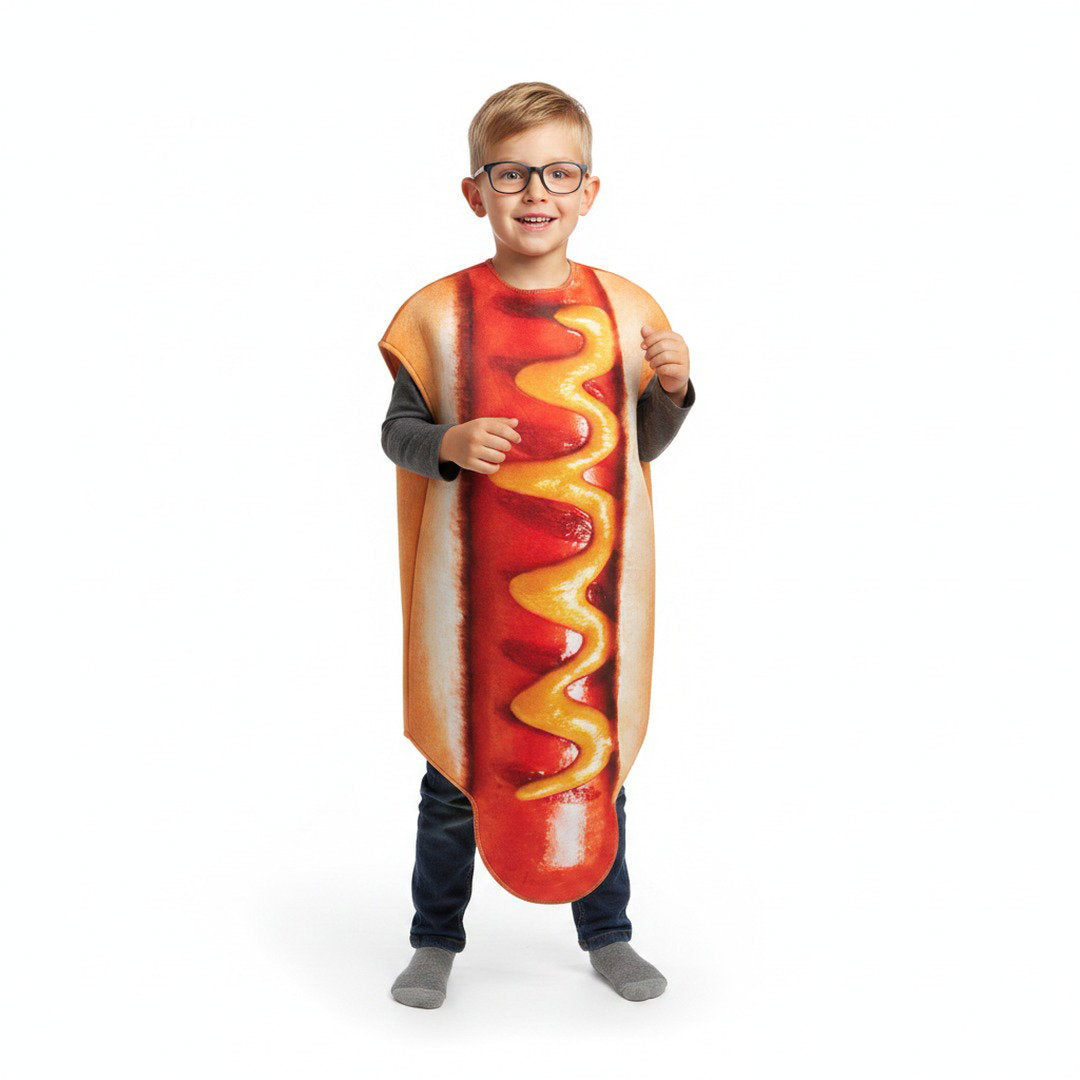 Hotdogkostuum met broodje, worst en mosterdprint