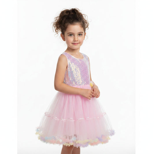 Betoverende unicorn-prinsessenjurk met een glinsterend paillettenlijfje, een luchtige tule rok en speelse pastelaccenten