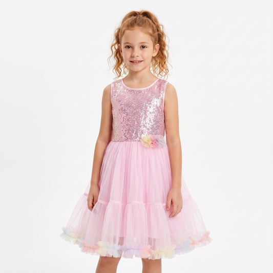 Betoverende unicorn-prinsessenjurk met een glinsterend paillettenlijfje, een luchtige tule rok en speelse pastelaccenten