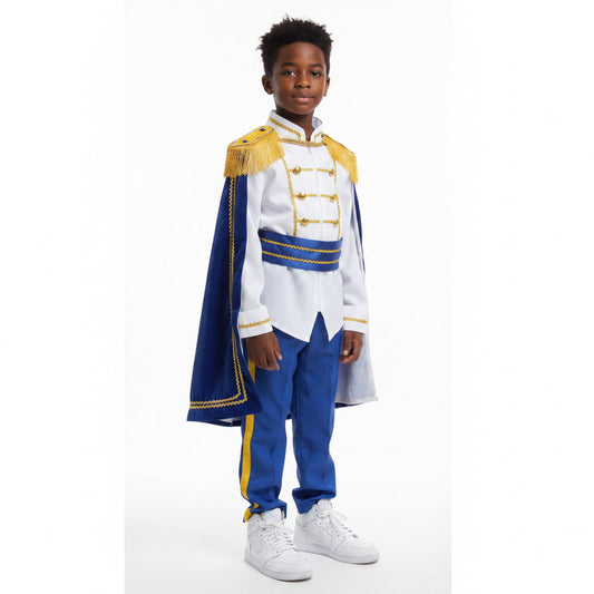 Statig prinsenkostuum met sierlijke tuniek, gouden schouderepauletten, decoratieve details, brede ceintuur en bijpassende broek
