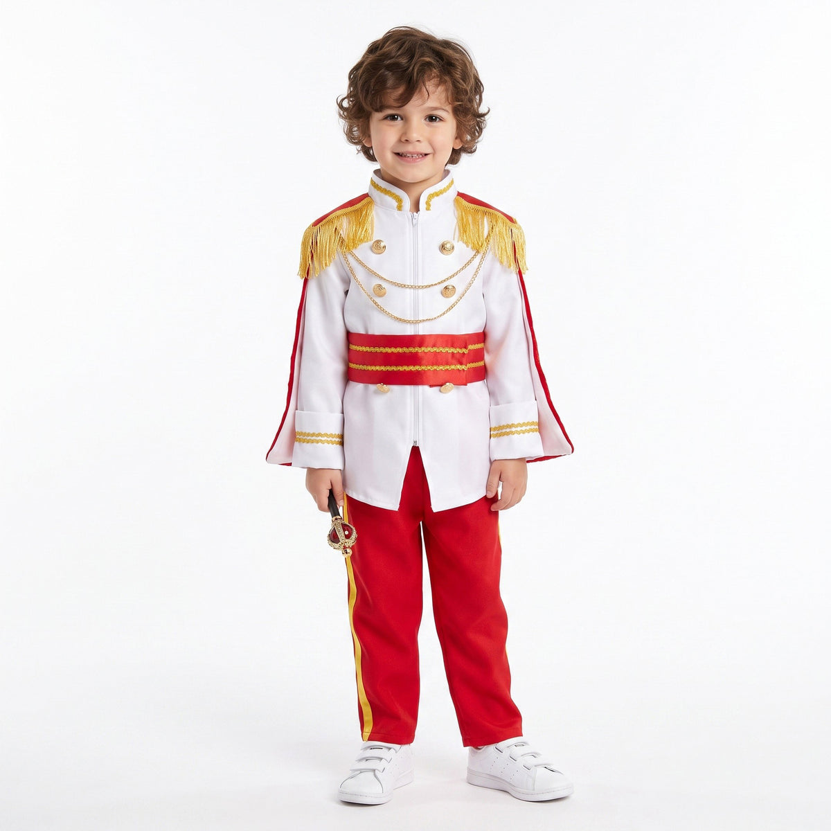 Statig prinsenkostuum met sierlijke tuniek, gouden schouderepauletten, decoratieve details, brede ceintuur en bijpassende broek