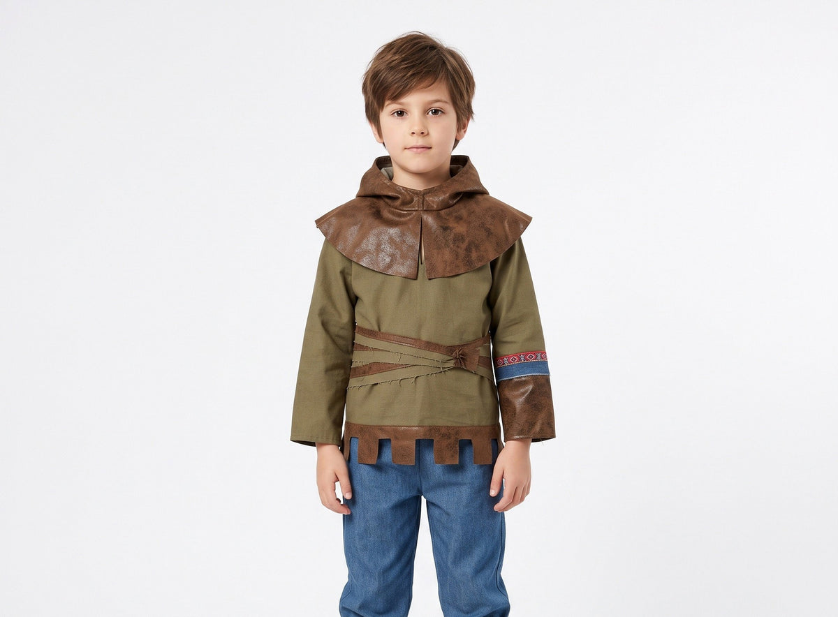 Stoer avonturierskostuum met een tuniek met kap, decoratieve riemdetails, kleurrijke armband en bijpassende beenstukken