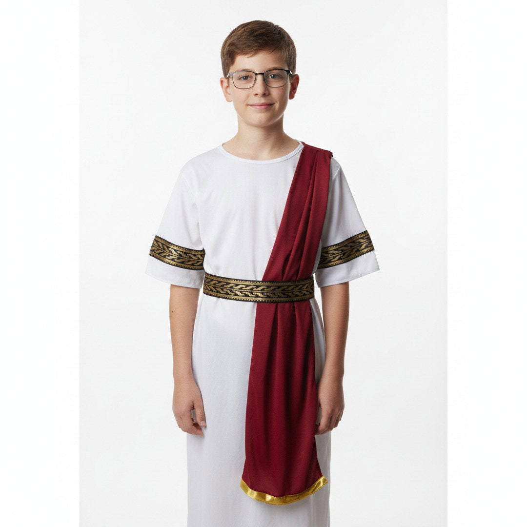 Romeins soldatenkostuum met tuniek, sierlijke riem, lange schouderdoek, gouden accenten en bijpassende boorden