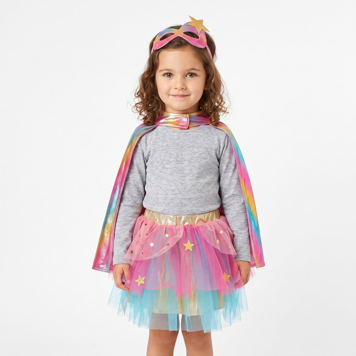 Superheldinkostuum met rok tule en cape regenboog en oogmasker