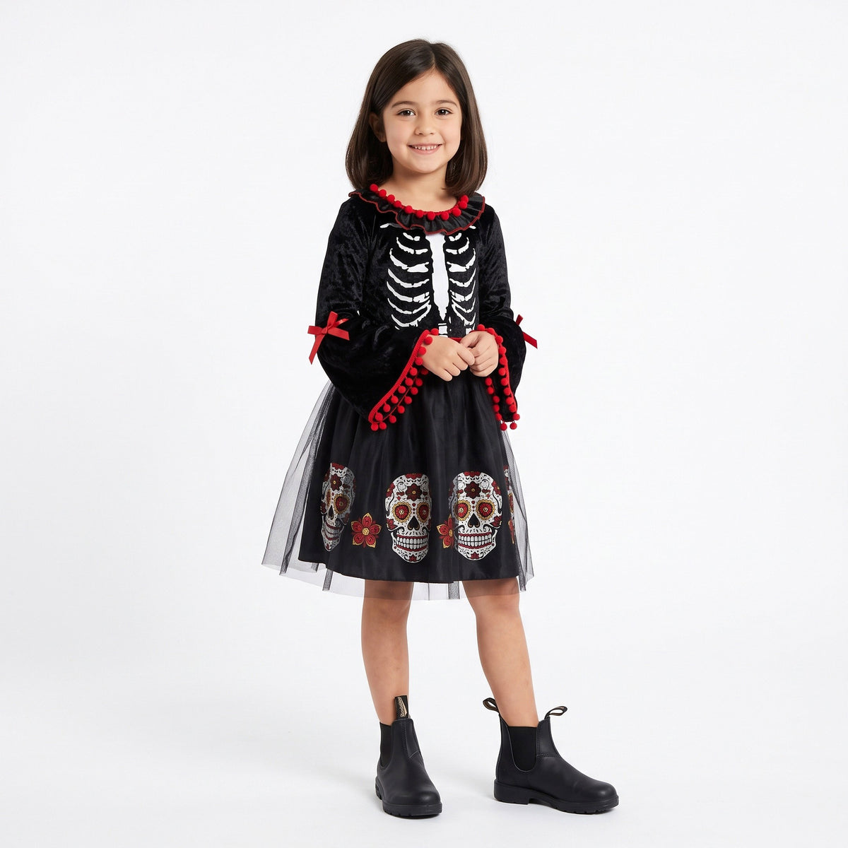 Skeletjurk met skeletprint, tule rok en rijk versierde calavera-details in de stijl van Día de los Muertos