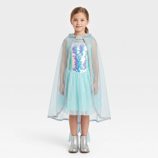 Zeemeerminnenjurk met glinsterend paillettenlijfje met sierlijke transparante cape met sterdetail